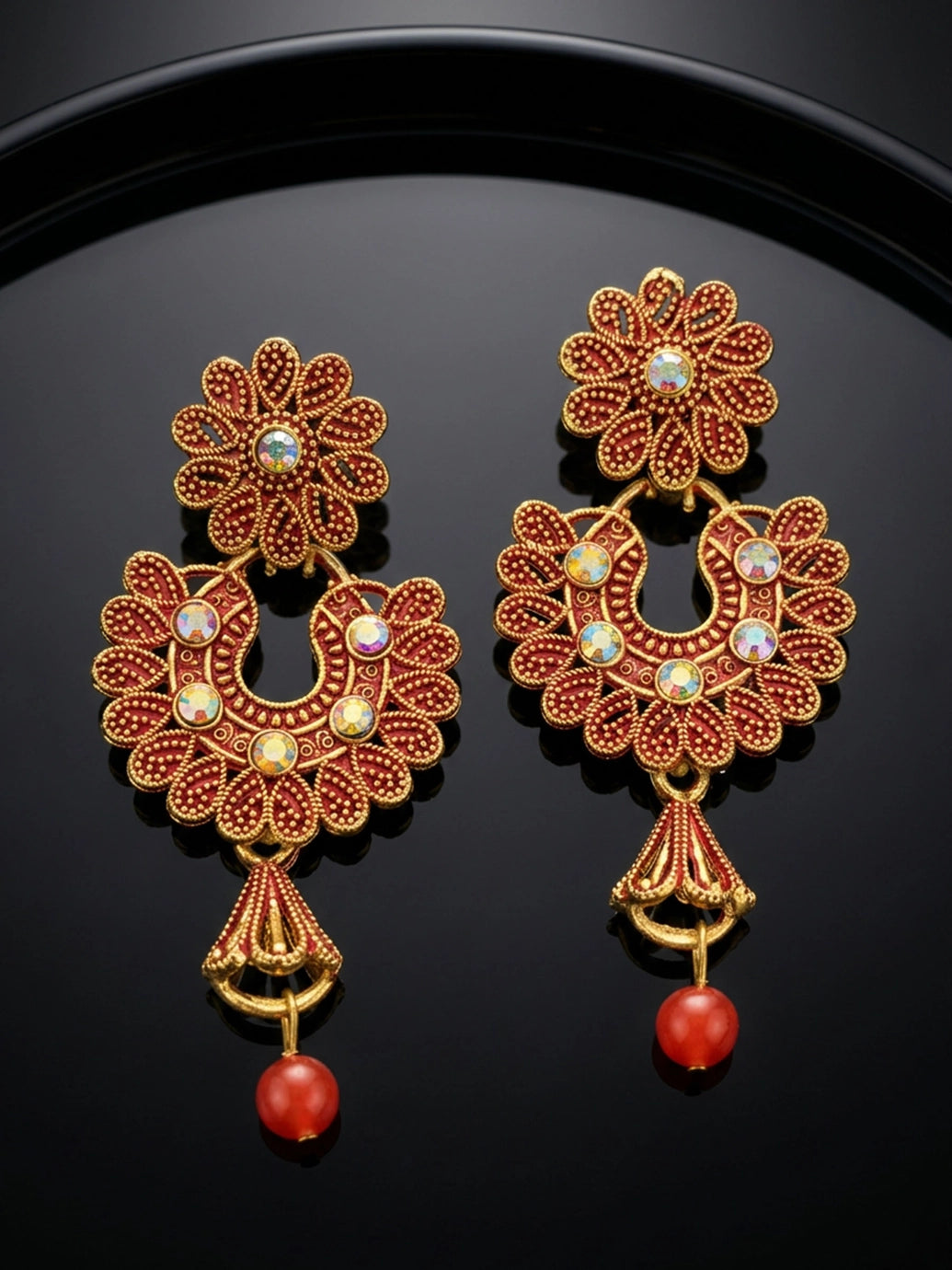 Traditional Floral Drop Earrings with Colorful Stone Stud and Bead Dangles - Red