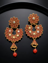 Traditional Floral Drop Earrings with Colorful Stone Stud and Bead Dangles - Red