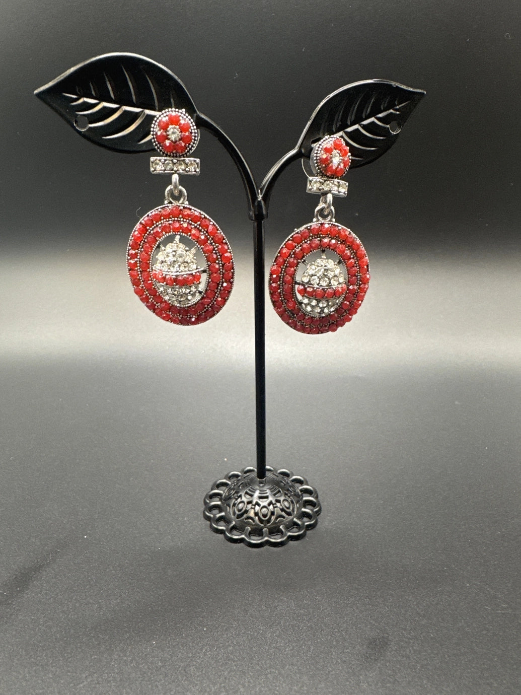 Gold-Tone Circular Stone Drop Earrings with Beads Jewelry JCS Fashions Red 2 inch