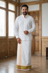 Men White Cotton Dhoti with 2-inch Gold Thread Work Border, 2 Metre Single Veshti - Red