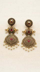 Antique Gold-Tone Circular Stud & Pearl Drop Statement Earrings for Festive Ethnic Wear - Red