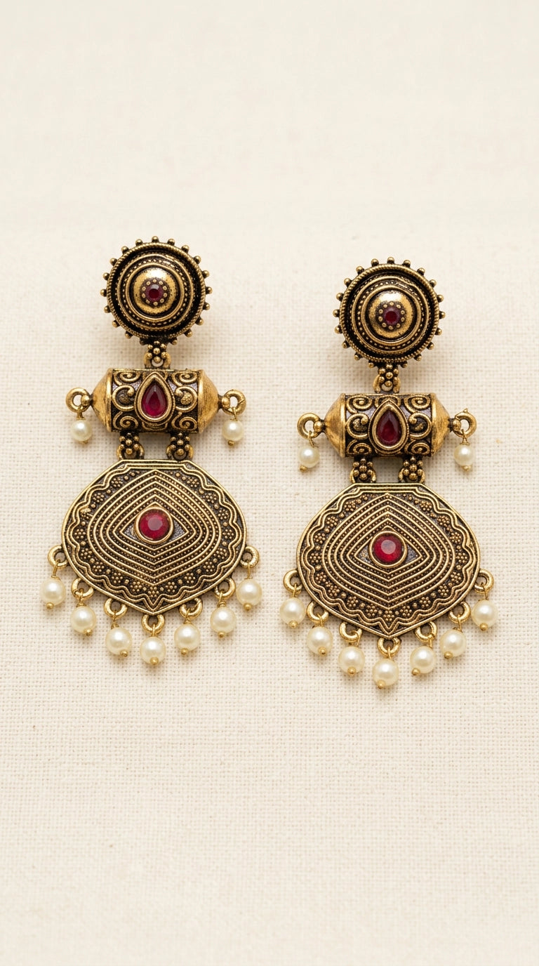 Antique Gold-Tone Circular Stud & Pearl Drop Statement Earrings for Festive Ethnic Wear - Red