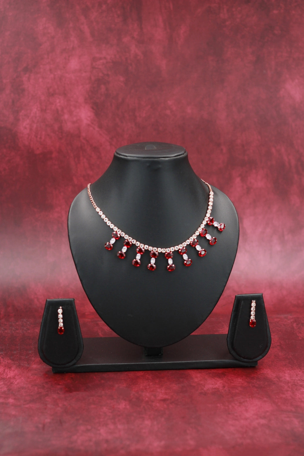Oval Stone Statement Necklace Set with Matching Earrings for Women - Fashion Jewellery - Red