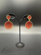 Traditional Circular Drop Earrings in Antique Gold Tone Jewelry JCS Fashions Red 1.75 inch