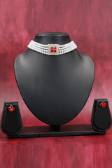 Pearl Choker Necklace Set with Stone-Embellished Pendant and Matching Stud Earrings - Red