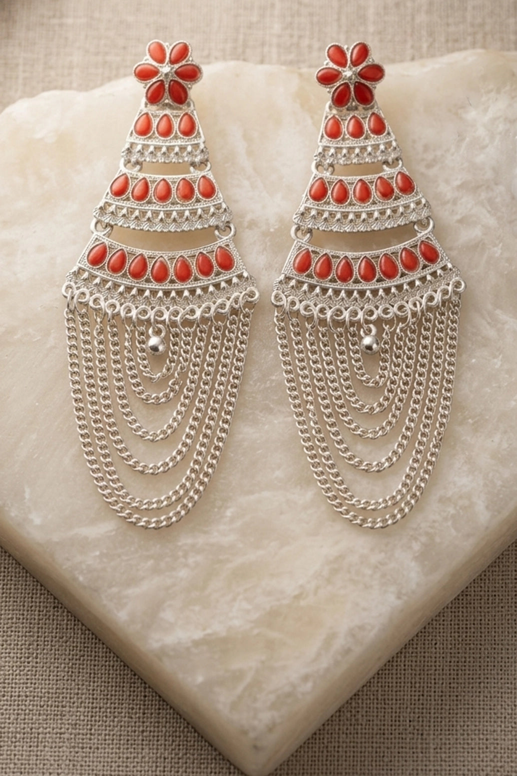 Oxidized Silver Layered Jhumka Earrings with Flower Stud and Stone Work Chain Tassels (Multiple Colours) - Red