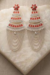 Oxidized Silver Layered Jhumka Earrings with Flower Stud and Stone Work Chain Tassels (Multiple Colours) - Red