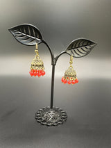 Gold-Tone Traditional Jhumka Earrings with Beaded Drops Jewelry JCS Fashions Red 1 inch