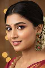 Antique Gold-Tone Floral Drop Earrings with Multi-Colored Stones