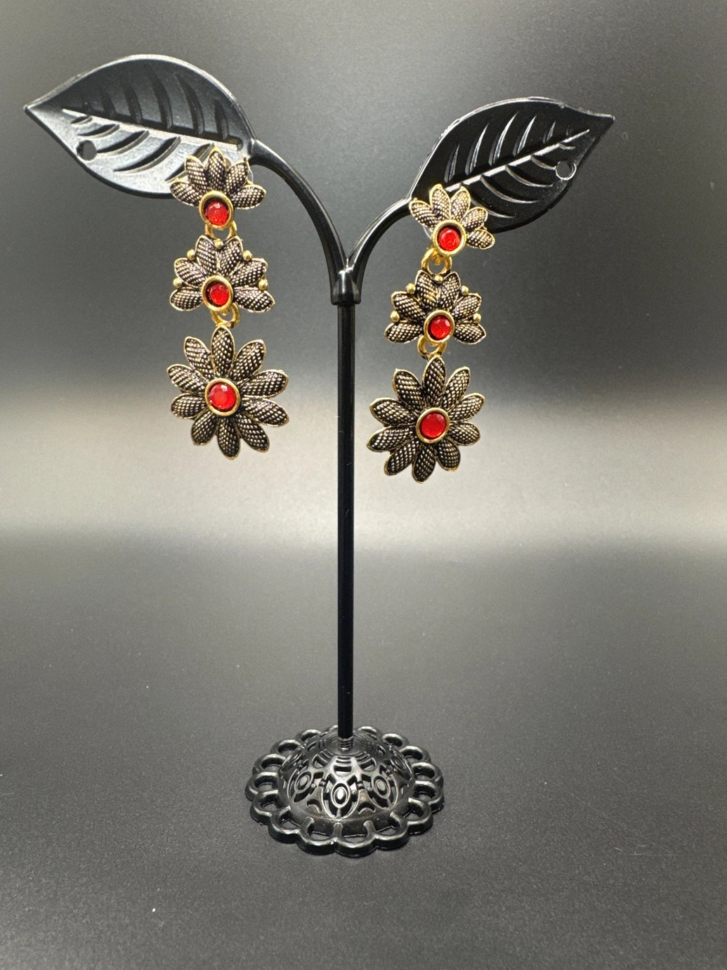 Antique Gold-Tone Floral Drop Earrings with Multi-Colored Stones