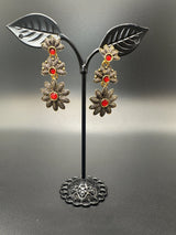 Antique Gold-Tone Floral Drop Earrings with Multi-Colored Stones Jewelry JCS Fashions Red 1.5 inch