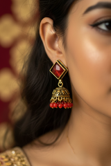 Oxidized Gold-Look Jhumka Earrings with Square Stone & Beads