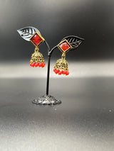 Oxidized Gold-Look Jhumka Earrings with Square Stone & Beads Jewelry JCS Fashions Red 1.50 inch