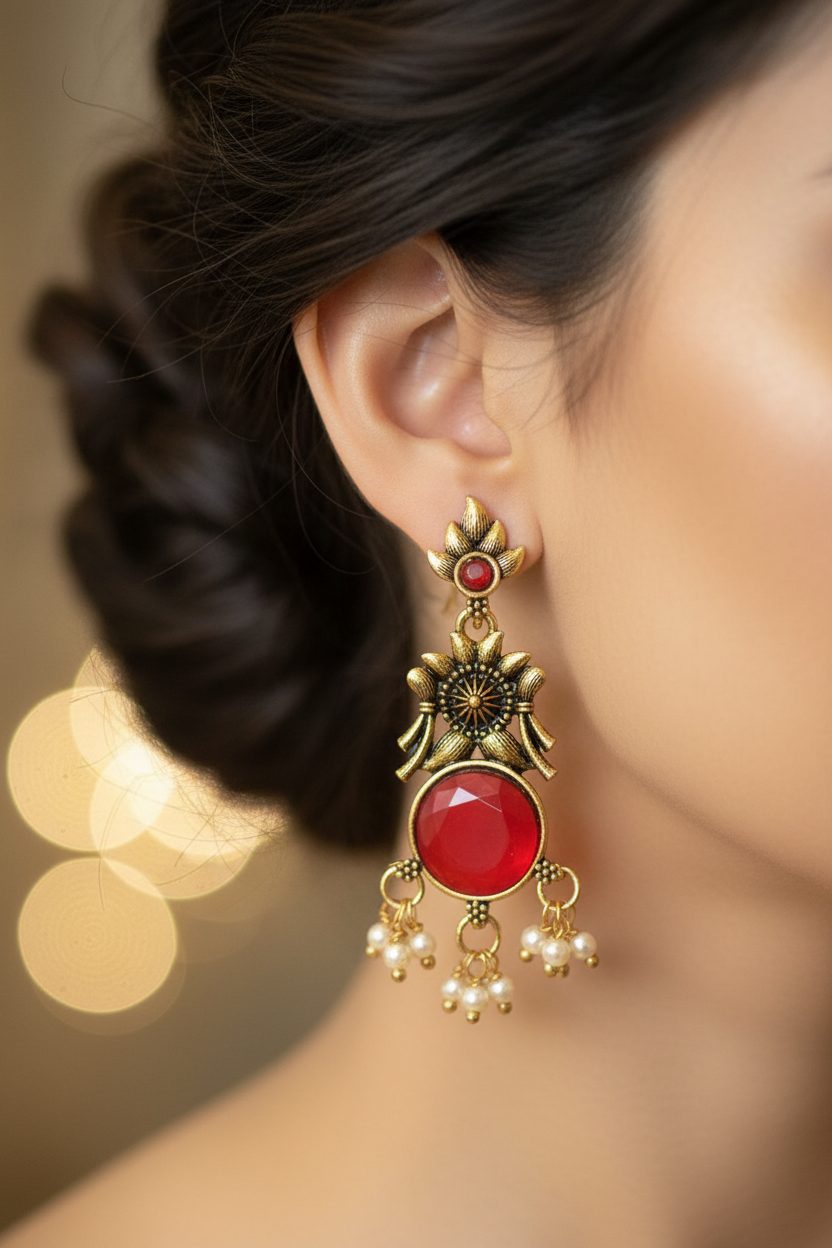 Gold-Tone Floral Chandbali Earrings with Round Stone & Pearl Drops