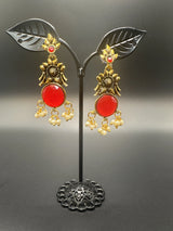 Gold-Tone Floral Chandbali Earrings with Round Stone & Pearl Drops Jewelry JCS Fashions Red 2 inch