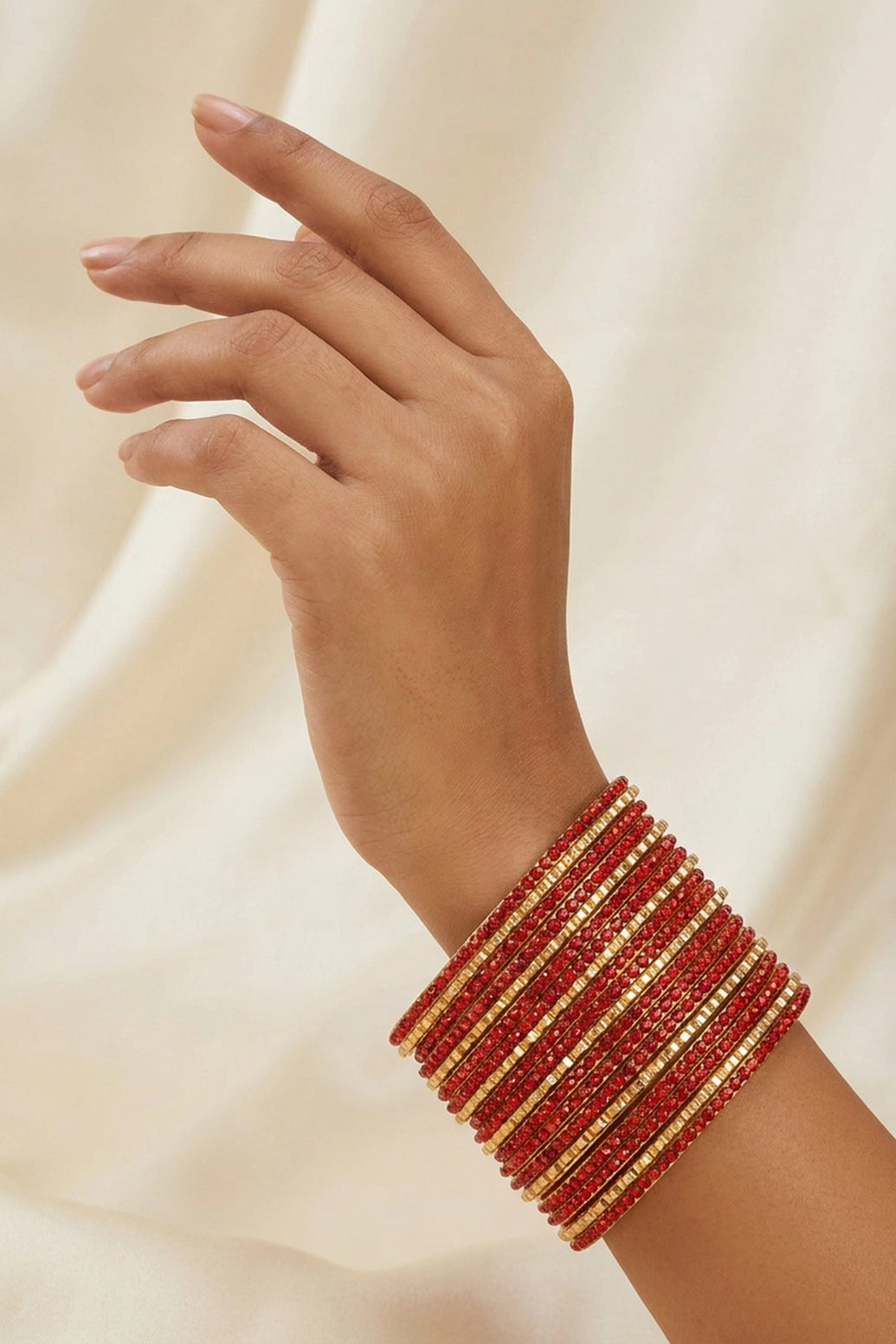 Stone Studded Metallic Bangle Set (Multiple Bangles) for Festive Wear, Red, Navy Blue, Baby Pink - Red