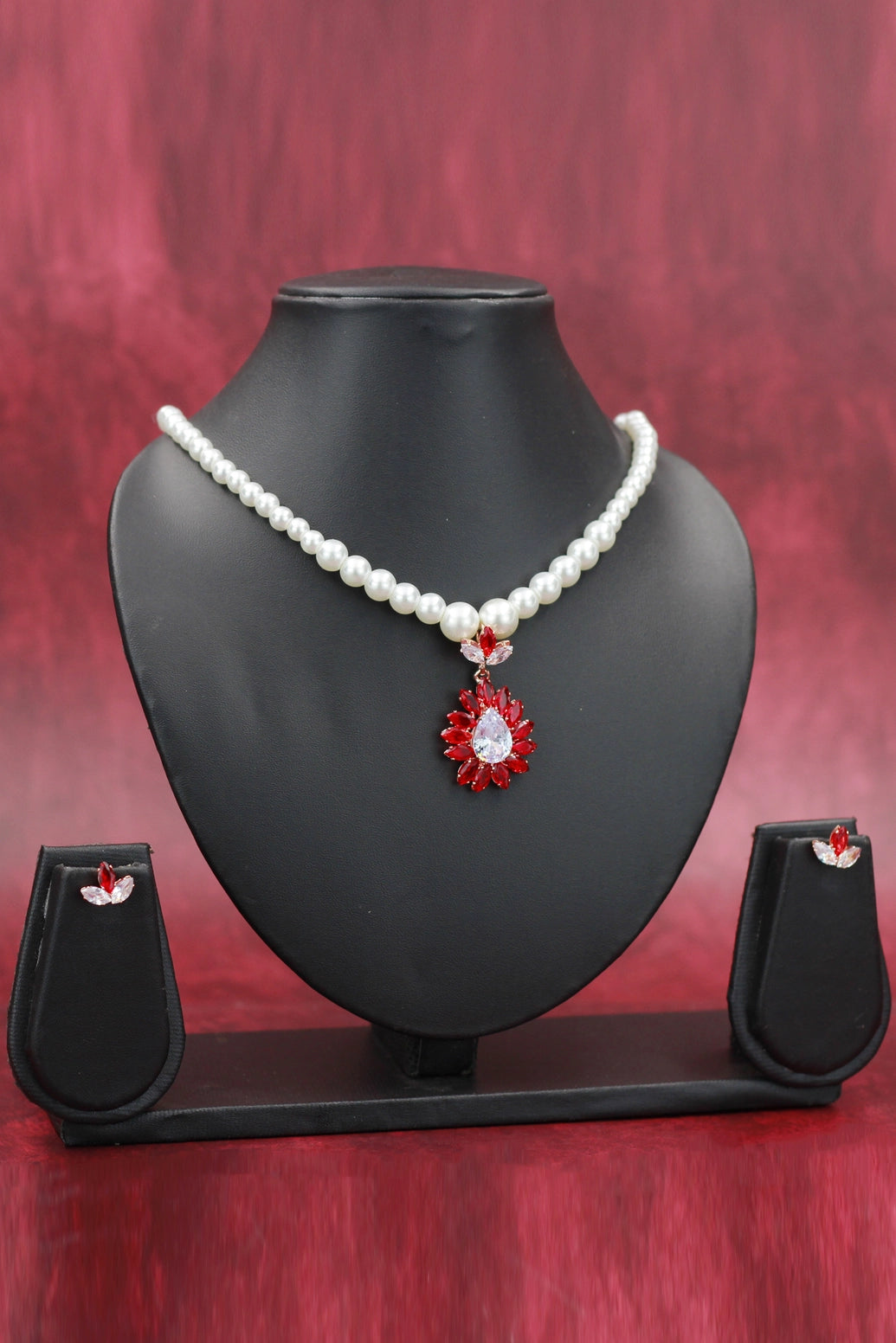 Pearl Necklace Set with Floral Teardrop Pendant and Matching Earrings - Baby Pink, Yellow, Navy Blue, Sky Blue, Green, Red - Red