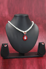 Pearl Necklace Set with Floral Teardrop Pendant and Matching Earrings - Baby Pink, Yellow, Navy Blue, Sky Blue, Green, Red - Red