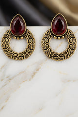 Antique Gold-Tone Teardrop Statement Earrings with Teardrop Stone and Floral Hoop Design - Red