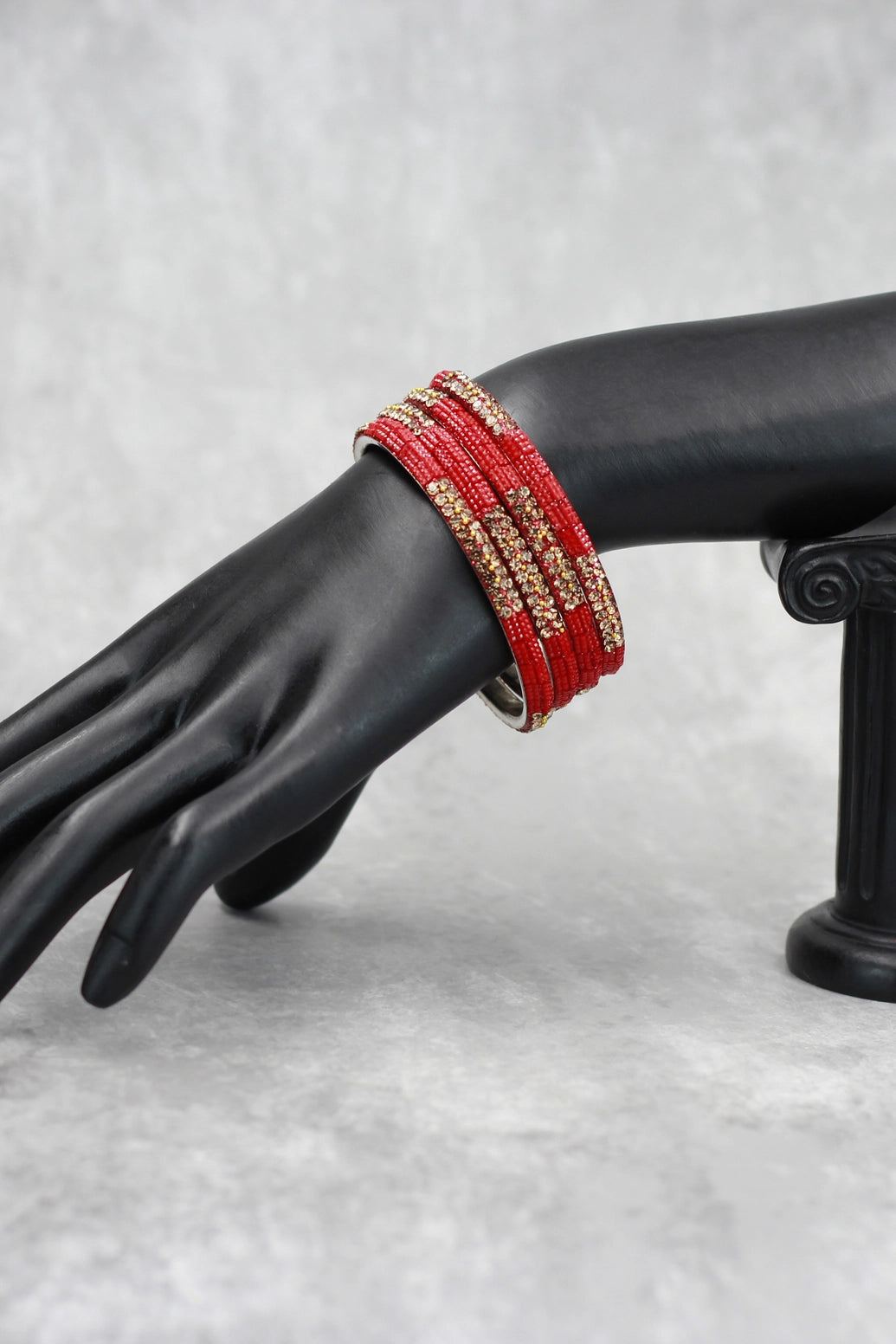Multicolour crystal bangles set with vibrant bead detailing and gold-tone sparkle, perfect for festive wear, weddings, and mix-and-match eth - Red