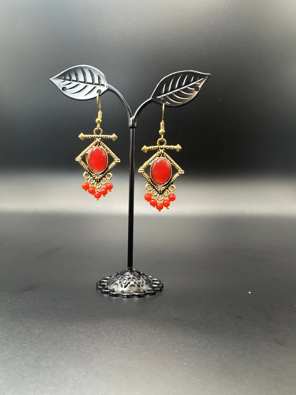 Antique gold-tone drop earrings with stone cabochon & bead dangles