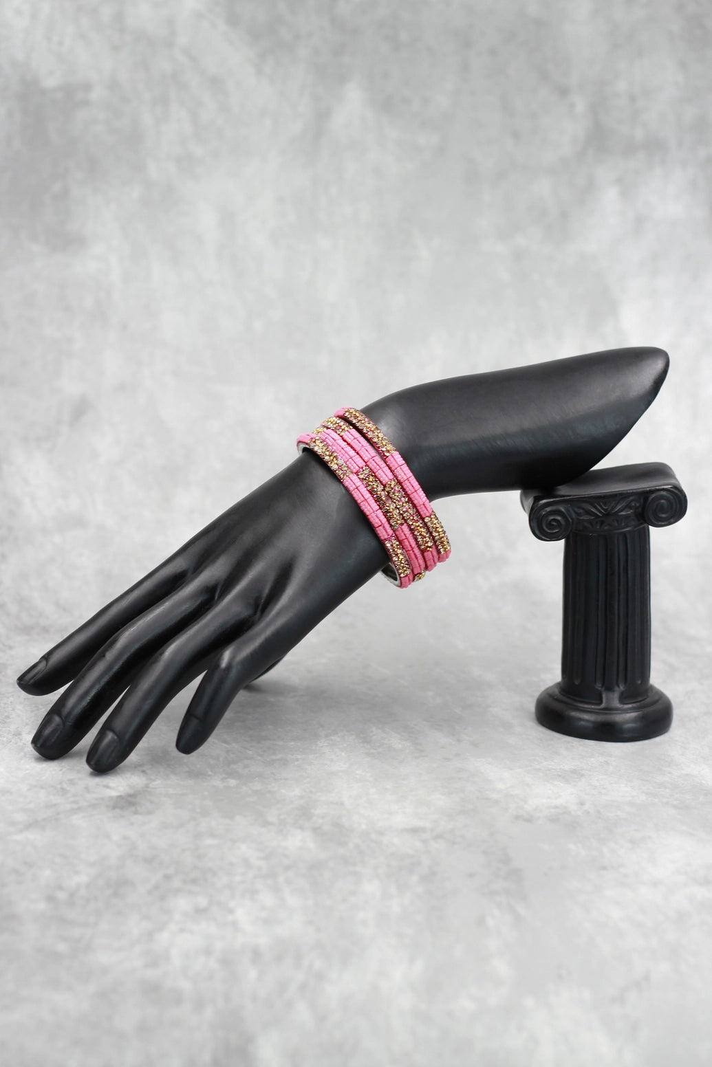 Multicolour crystal bangles set with vibrant bead detailing and gold-tone sparkle, perfect for festive wear, weddings, and mix-and-match eth - Rose Pink