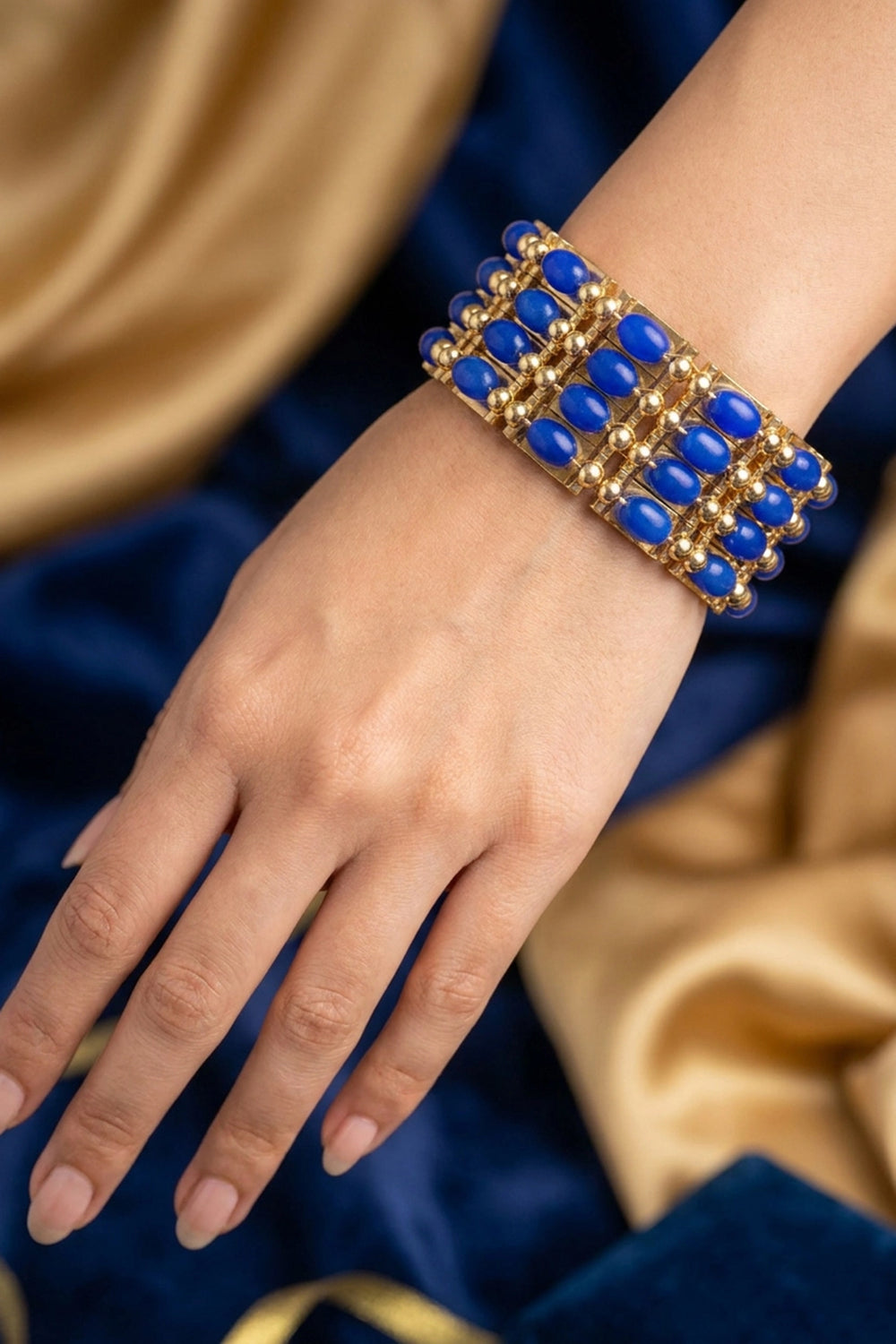 Gold-Plated Beaded Stone Bangles - Traditional Ethnic Stackable Bracelet for Women (Royal Blue, Yellow, Lavender) - Royal Blue