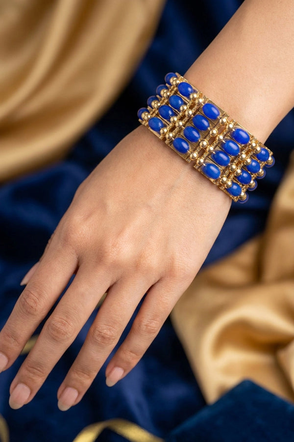 Gold-Plated Beaded Stone Bangles - Traditional Ethnic Stackable Bracelet for Women (Royal Blue, Yellow, Lavender) - Royal Blue