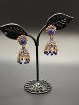 Antique Look Floral Jhumka Earrings - Gold-Tone Traditional Jhumkas in Maroon, Royal Blue, Light Blue, Pink & Green - Pair Jewelry JCS Fashions Royal Blue 1 inch