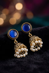 Antique Gold-Tone Jhumka Earrings with White Pearl Drops & Round Stone Stud in Royal/Sea/Pastel Green/Black - Royal blue