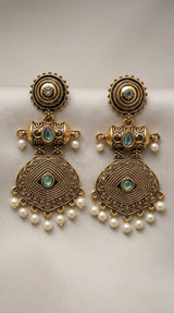 Antique Gold-Tone Circular Stud & Pearl Drop Statement Earrings for Festive Ethnic Wear - Sea Blue