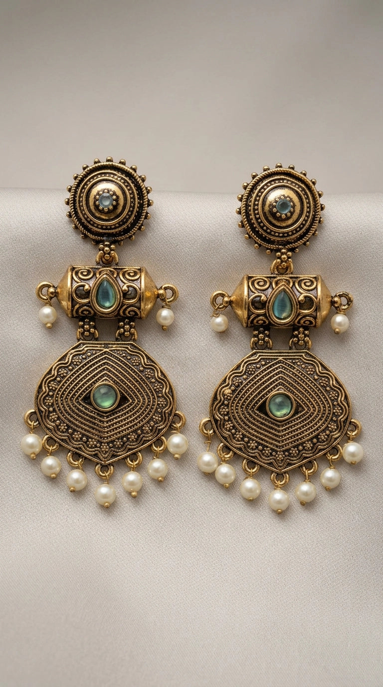 Antique Gold-Tone Circular Stud & Pearl Drop Statement Earrings for Festive Ethnic Wear - Sea Blue