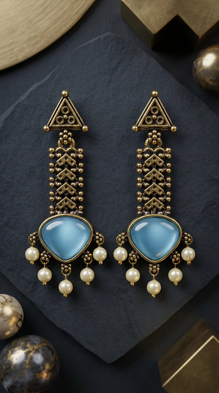 Gold-tone Traditional Drop Earrings with Teardrop Stone & Pearl Bead Tassels (Sea Blue/Mint/Black) - Sea Blue