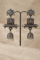 Antique Oxidized Silver Jhumka Earrings with Mint Green/Sea Blue Stones and Pearl Bead Danglers - Sea Blue