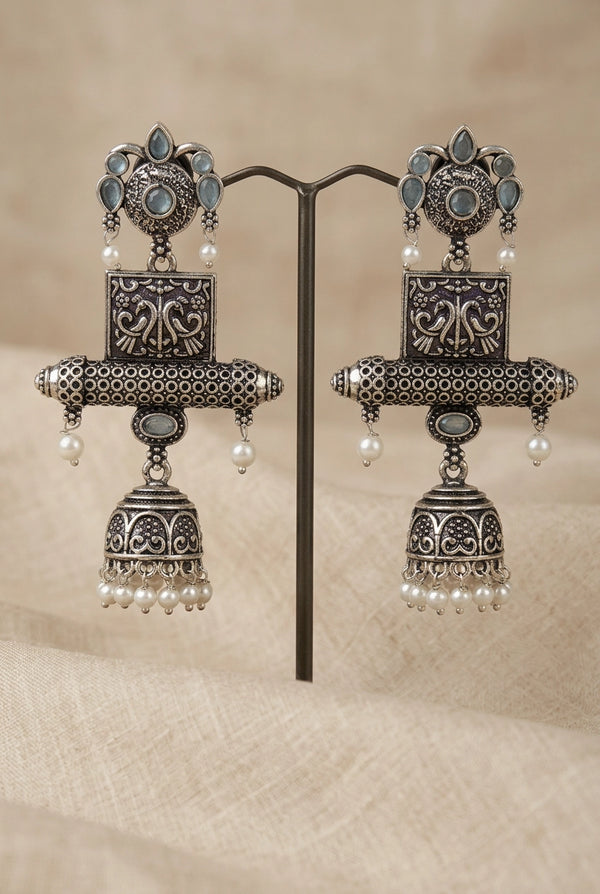 Antique Oxidized Silver Jhumka Earrings with Mint Green/Sea Blue Stones and Pearl Bead Danglers - Sea Blue