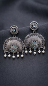 Oxidized Silver Floral Pendant Earring Set with Pearl Drops and Sunburst Motif - Sea Blue