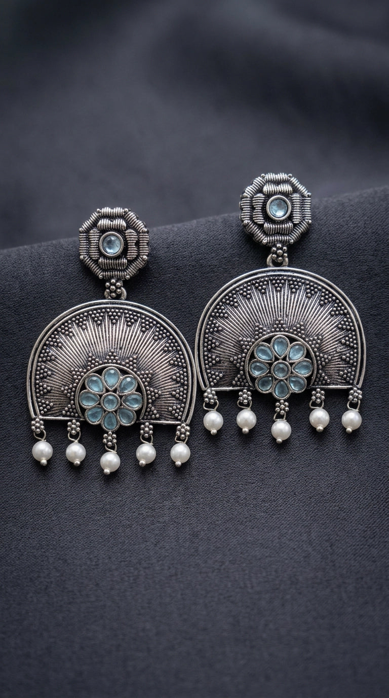 Oxidized Silver Floral Pendant Earring Set with Pearl Drops and Sunburst Motif - Sea Blue