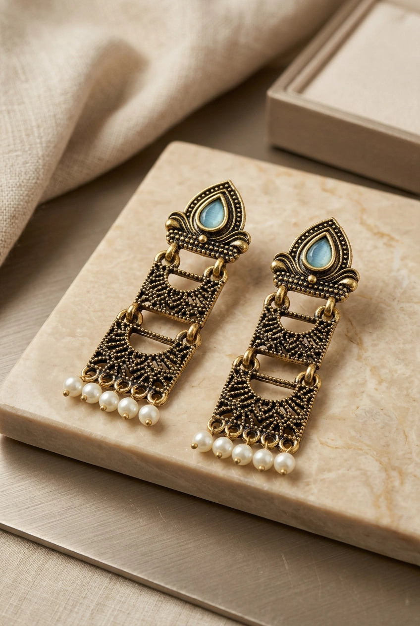 Sona Novelty Antique Gold-Tone Traditional Drop Earrings with Pearl Bead Drops, Rectangular Pattern Panels - Sea Blue
