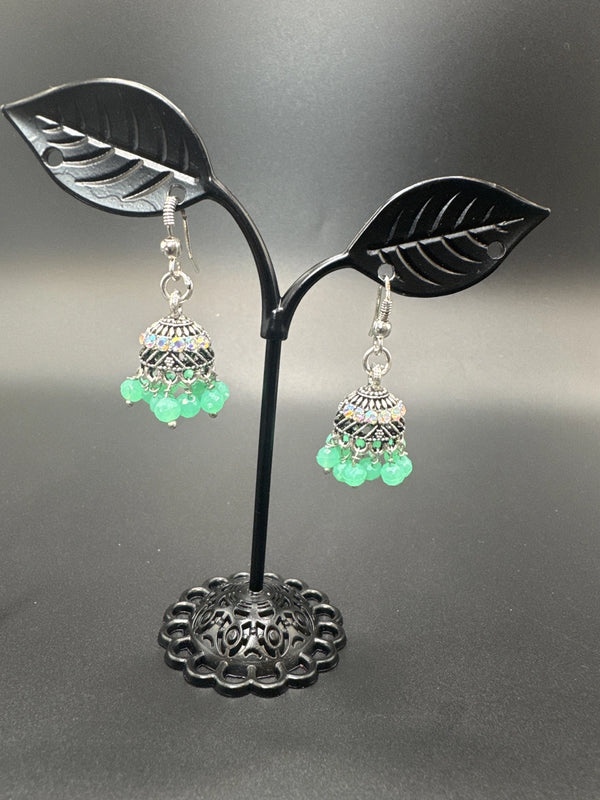 Oxidized Silver Jhumka Earrings with Beaded Drops Jewelry JCS Fashions Green 1.2 inch