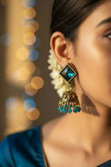 Oxidized Gold-Look Jhumka Earrings with Square Stone & Beads