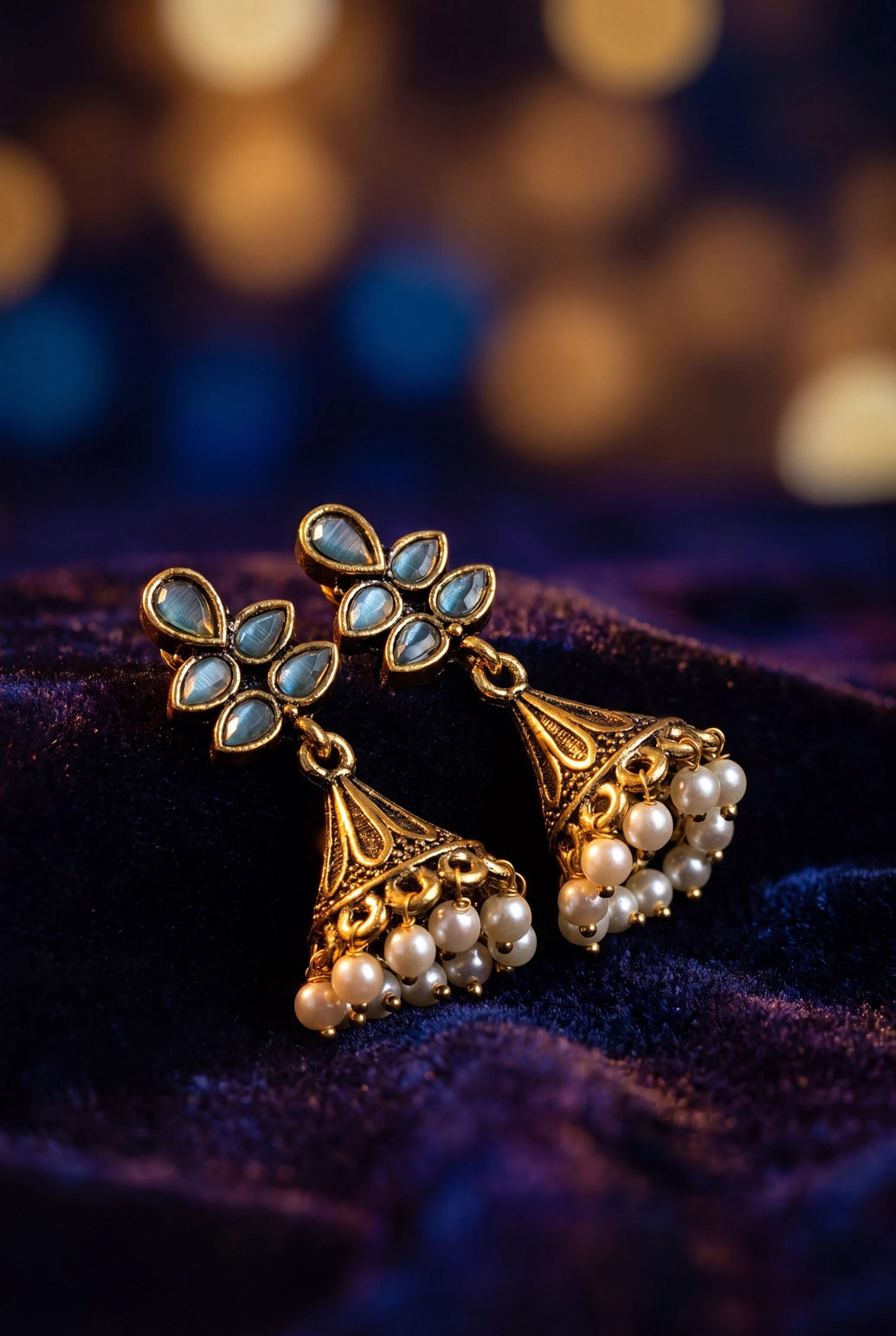 Floral Jhumka Earrings with Pearl Drops in Antique Gold-Tone Frame (Mint Green/Sea Blue/Onion Pink) - Sea blue