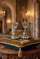 Floral Jhumka Earrings with Antique Gold-Tone Finish and Pearl Drop Dangles for Festive Wear - Sea blue