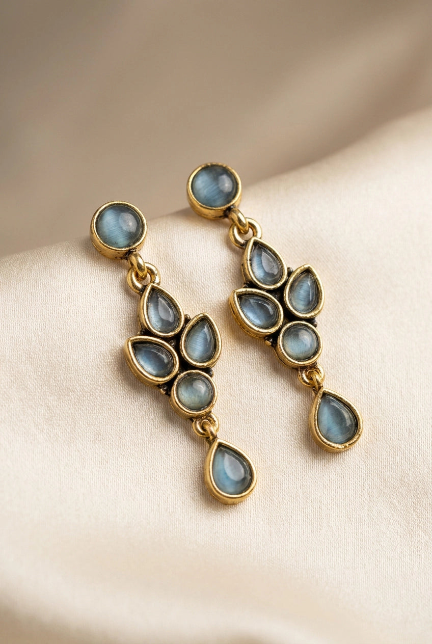 Sona Novelty Gold-Tone Drop Earrings with Multi Stone Teardrop Dangles for Traditional & Festive Wear - Sea blue