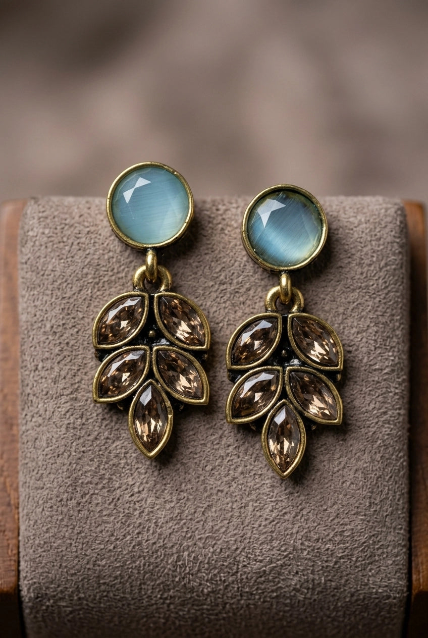 Gold-Tone Floral Drop Earrings with Hanging Leaf Design for Women, Lightweight Statement Earrings - Sea blue