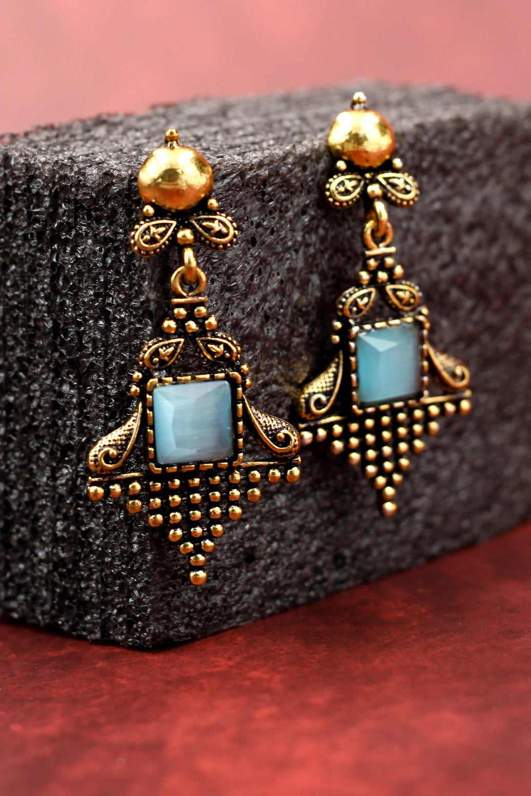 Sea Blue Stone Antique-Gold Dangling Earrings - Ornate Square Drop, 2.4 inch Jewelry JCS Fashions