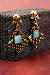 Sea Blue Stone Antique-Gold Dangling Earrings - Ornate Square Drop, 2.4 inch Jewelry JCS Fashions