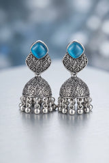 Oxidized Silver-Tone Jhumka Earrings with Square Stone, Leaf Engraved Top & Ghungroo Beads (Sea Blue/Mint/Lemon) - Sea blue