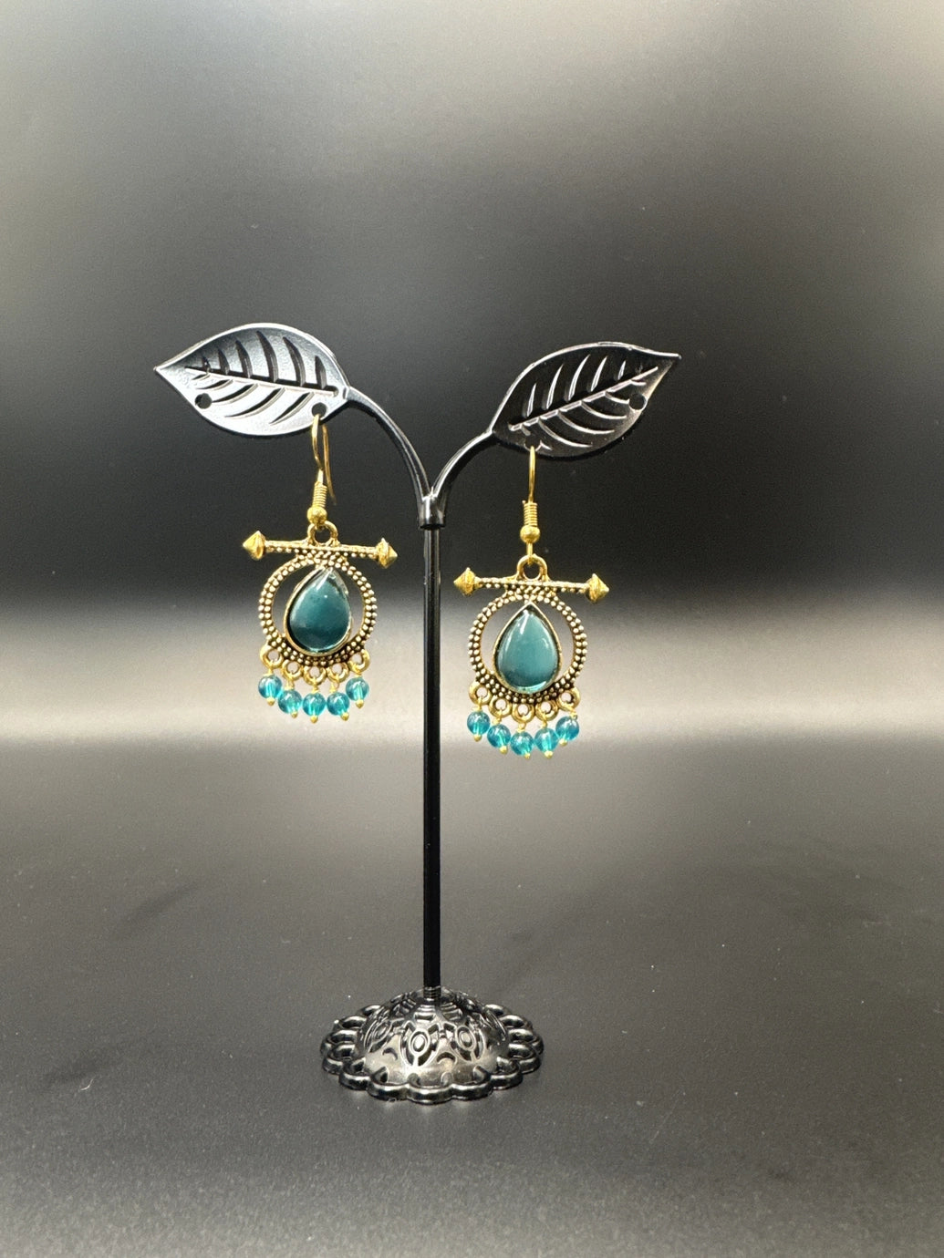 Antique gold-tone drop earrings with stone cabochon & bead dangles