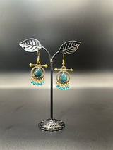 Antique gold-tone drop earrings with stone cabochon & bead dangles Jewelry JCS Fashions Sea blue 2.00 inch