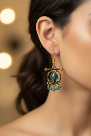 Sea blue Antique gold-tone drop earrings with stone